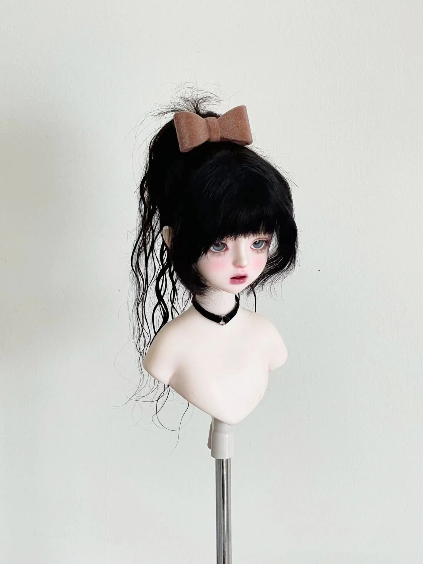 Clean Style Curly Black High Ponytail Bangs Wig,1/4 1/6 Girl BJD Doll Hair Free Shipping