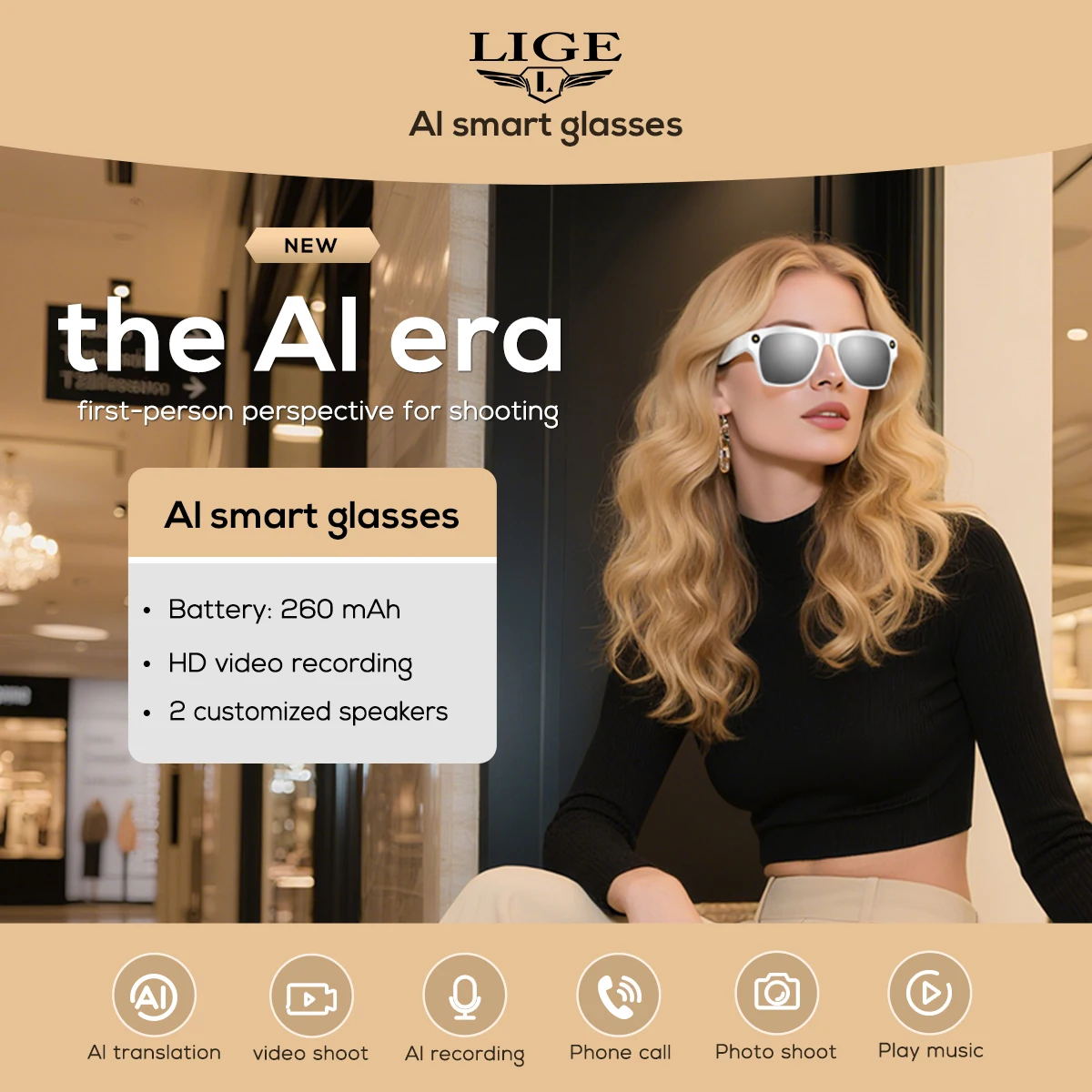 

LIGE Smart Glasses 100W Pixel Camera 260 mAh Battery Record Video Smart Glasses AI Voice Assistant Bluetooth Calling sunglasses