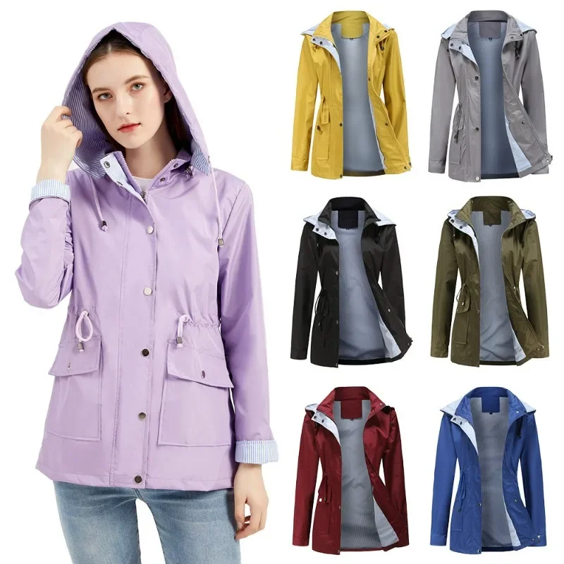 

Women Waterproof Hooded Trench Coat Lined Windbreaker Travel Jacket Ladies Lightweight Outdoor Hiking Breathable Jackets Coats