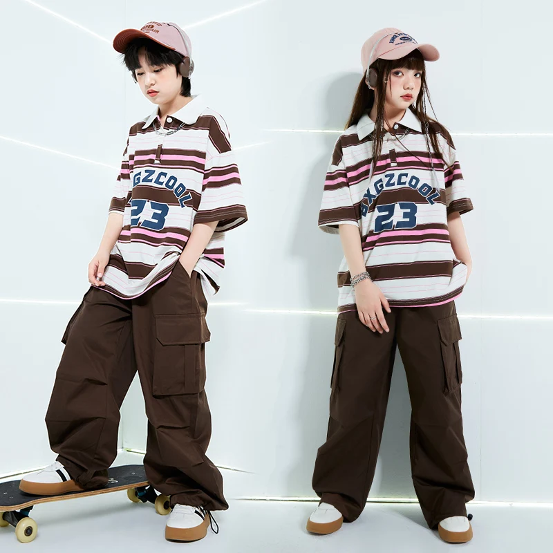 Boys Hip Hop Stripe Tshirt Clothing Street Dance Cargo Pants Girls Solid Jogger Clothes Sets Kids Streetwear Child Jazz Costumes