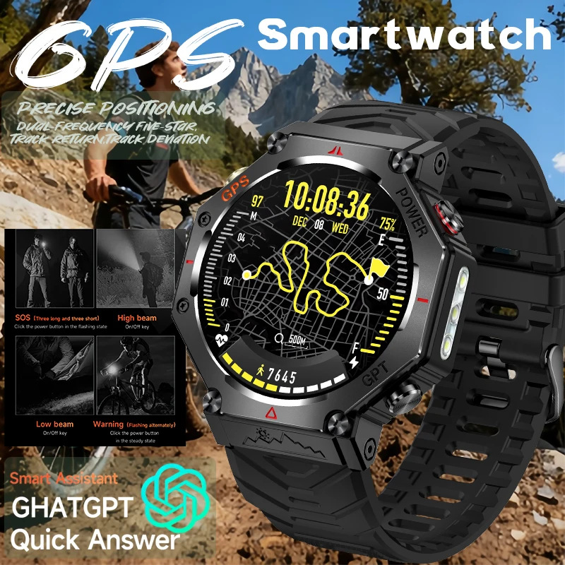 2025NEW ChatGPT AI مساعد IP69K مصباح يدوي مقاوم للماء BT دعوة نظام تحديد المواقع البوصلة Amoled العسكرية الرياضة الدراجات Smartwatch الرجال امرأة