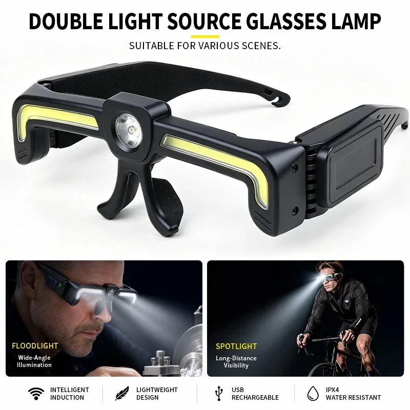 New Induction COB LED Glasses Headlight Rechargeable TYPE-C Waterproof Lightweight Work Lamp for Car Maintenance Repair