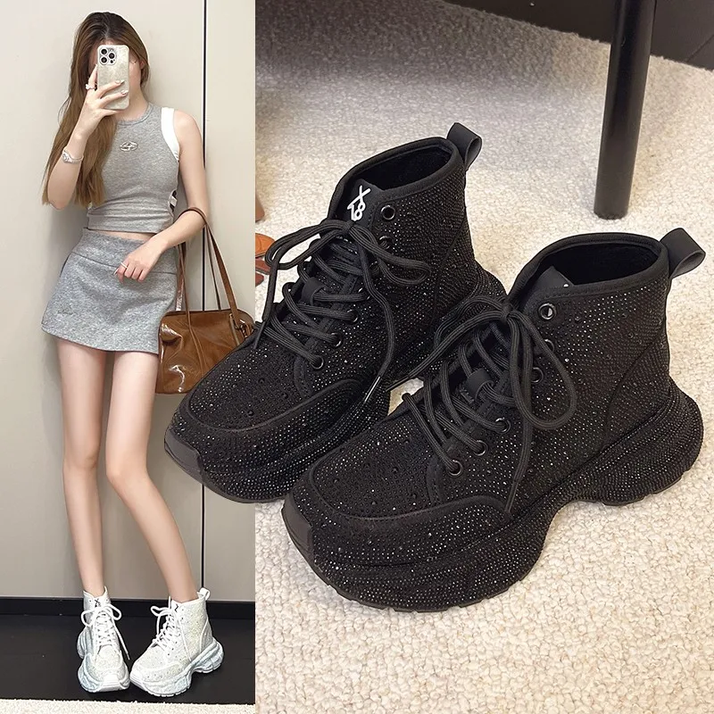 

High-quality Thick-soled Lace-up Full Diamond Fashionable, Versatile, Comfortable, Anti-slip and Breathable Women's Ankle Boots