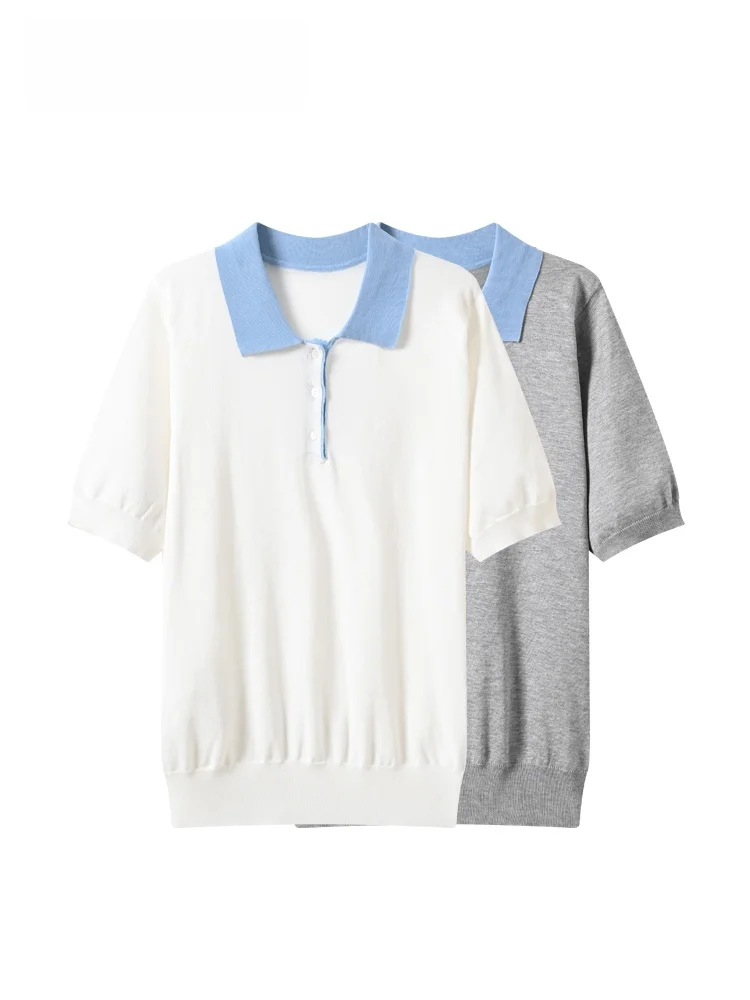 

Korean Style plus Size Women's T-Shirt Short Sleeve Collar Splice Shoulder Summer Fashion Casual Knitted Top