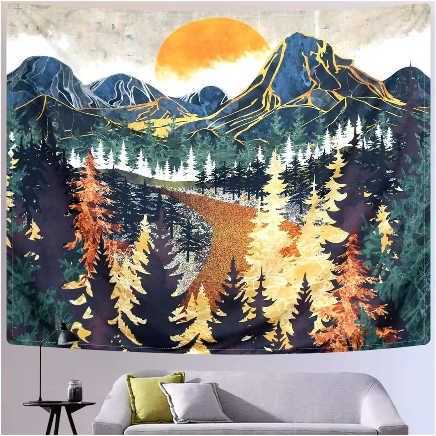 Mountain Nature Landscape Tapestry for Bedroom Aesthetic - Forest Scenic Moon Wall Hanging, Rocky Mountain Tree Woods for Office