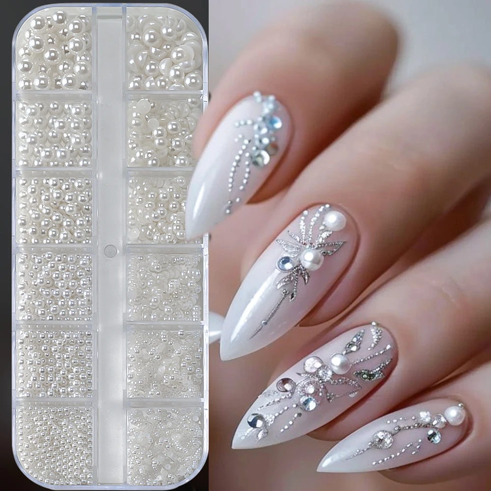 12 grilles mixtes de perles blanches pour ongles, breloques rondes ou demi-cercles 3D, strass pour Nail Art, accessoires de manucure, pièces de bricolage Y7%6K