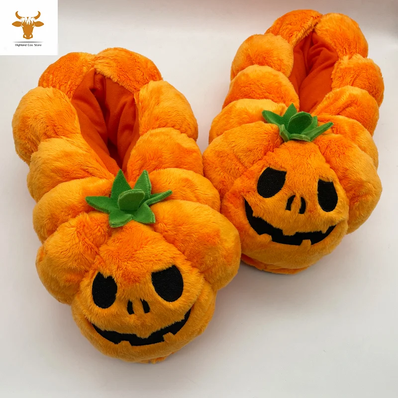 Highland Cow Halloween Pumpkin Slippers Backpacks Plush Fluffy Lantern Bags Slipper with Socks Bedroom Funny Shoes Gifts