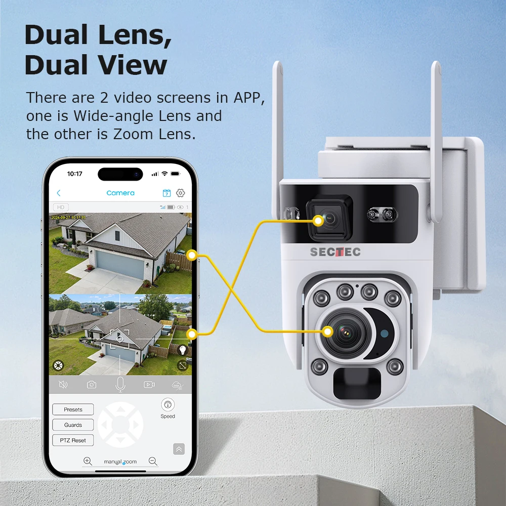 Sectec 60X optische zoom Dubbele schermen 4G zonnecamera 12MP WiFi PTZ-beveiliging PIR-detectie Auto Tracking bewakingscamera's