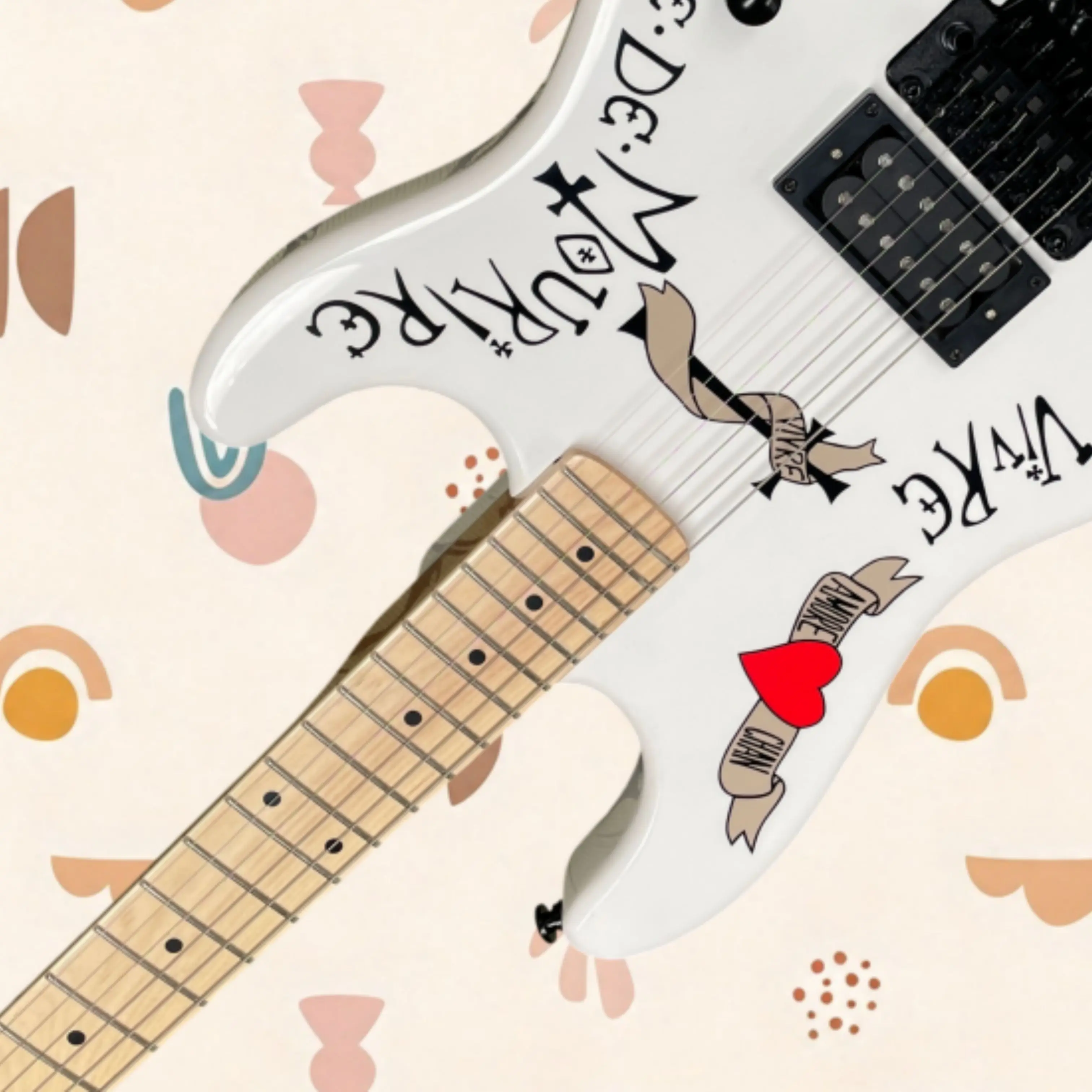 Art Printed White Electric Guitar, Maple Fretboard with Black Dot Inlays for Band Rehearsal & Stage Display Guitars Guitarra