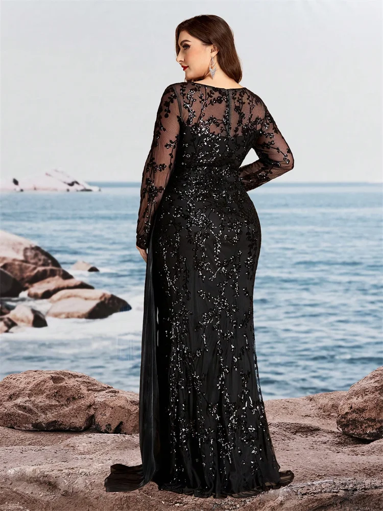 Lucyinlove Plus Size Elegant Long Sleeves Sequins Patchwork Ribbon Pleats Formal Evening Dresses Luxury Mermaid Party Gown Prom view 2