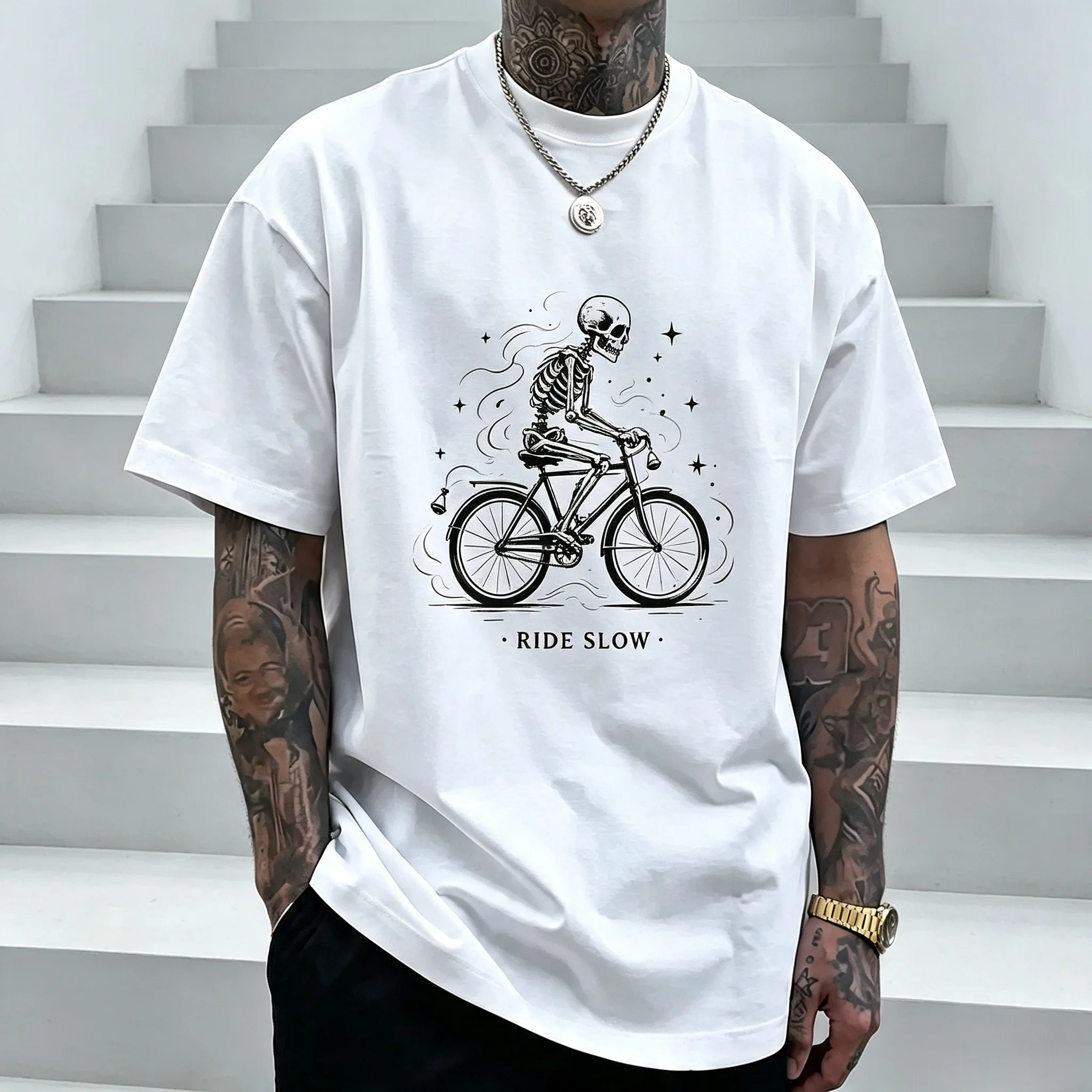 Unisex Skeleton Ride Slow Bicycle Graphic T Shirt Men Women Vintage Gothic Print Oversized Crew Neck Short Sleeve Casual Streetwear Cotton Top