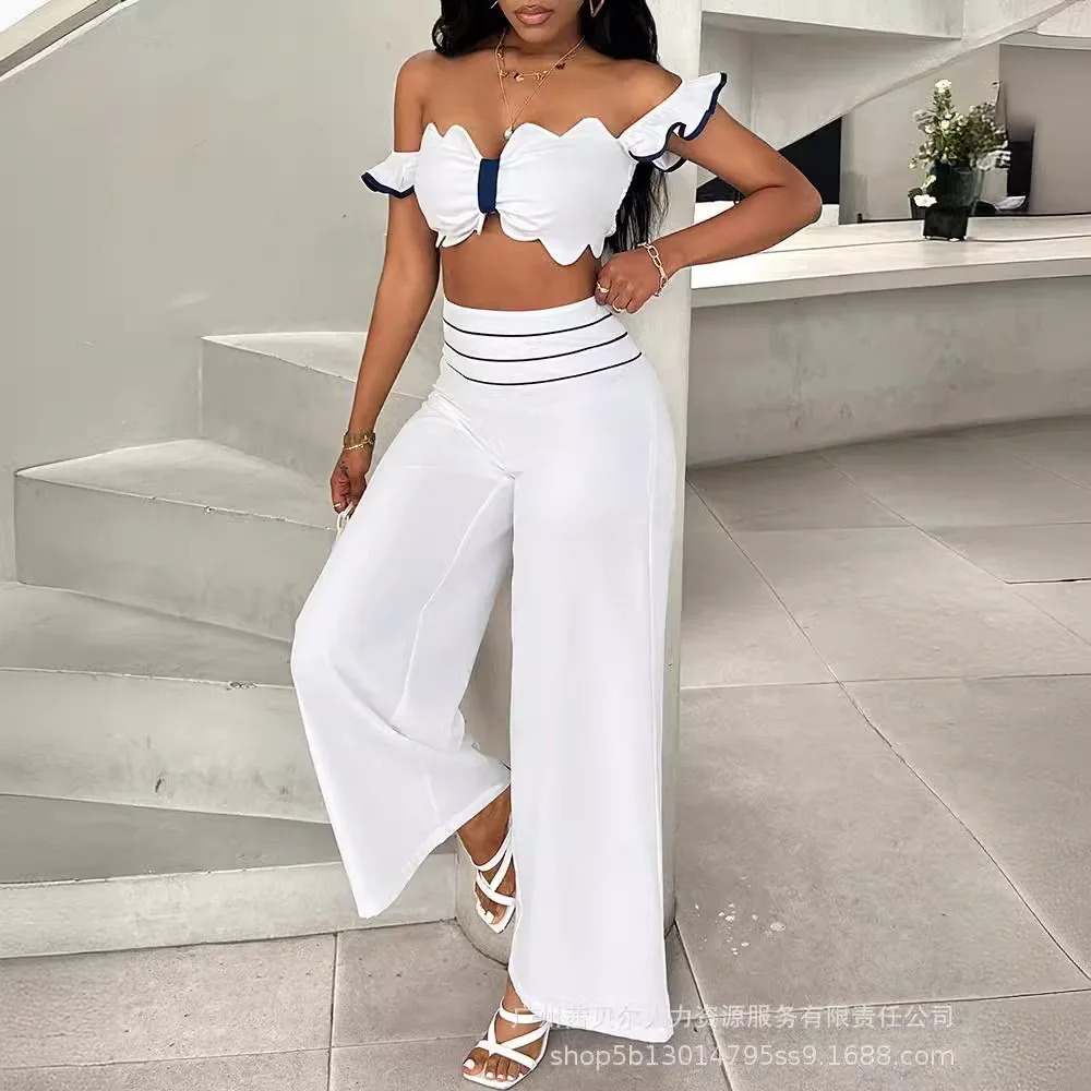 Women's Suits Fashion Off-shoulder Lace Top and Wide-leg Pants Two-piece Sets for Women