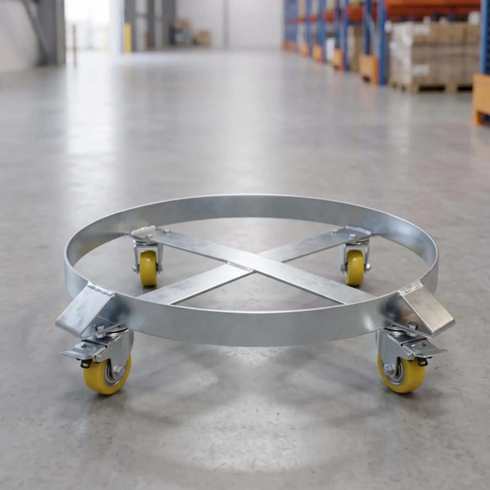 Heavy Duty Drum Dolly Portable Barrel Cart with Crossed Supports for Smooth Rolling Warehouse Loading Dock