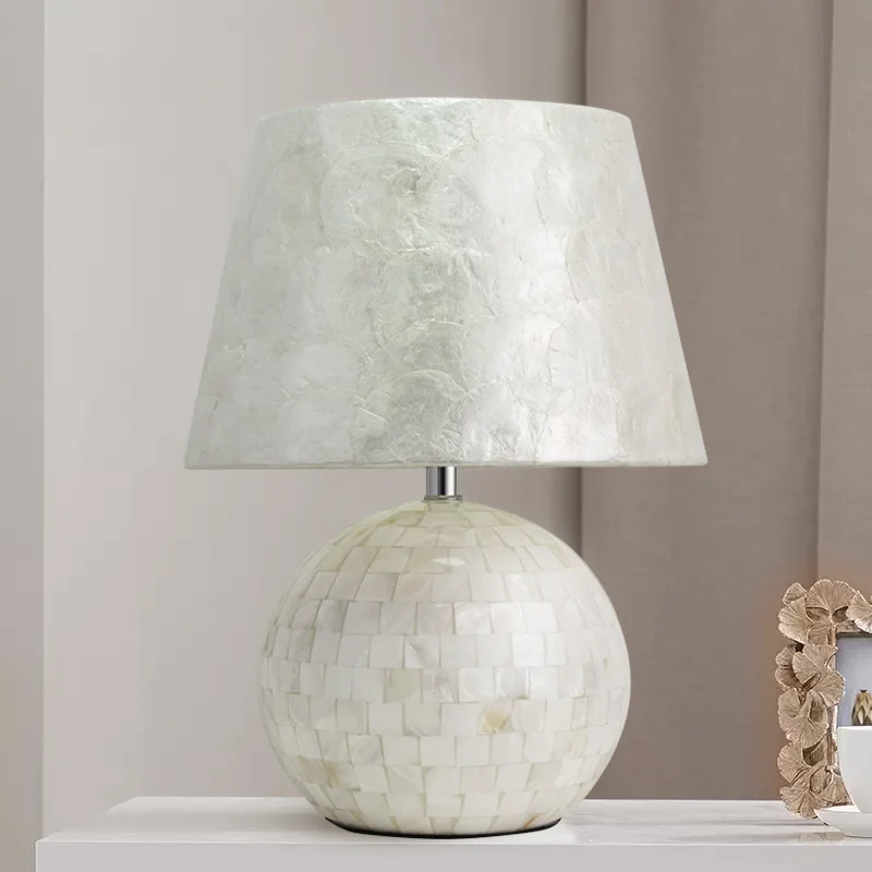 American Simple Natural Shell Ball Table Light with Fabric Lampshade for Living Room Home Decor E27 LED Bulb