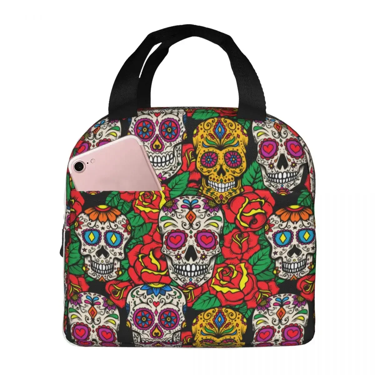 Lunch Bags for Women Kids Mexican Sugar Skulls Roses Thermal Cooler Bags Portable Picnic Work Canvas Lunch Box Food Storage Bags