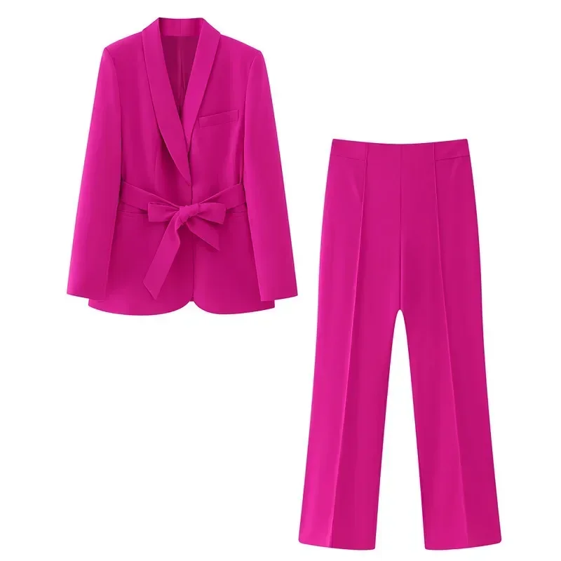 White Women Suit Loose Formal Blazer With Belt Pants Elegant Female Business Work Wear Office Lady Jacket Coat Trousers