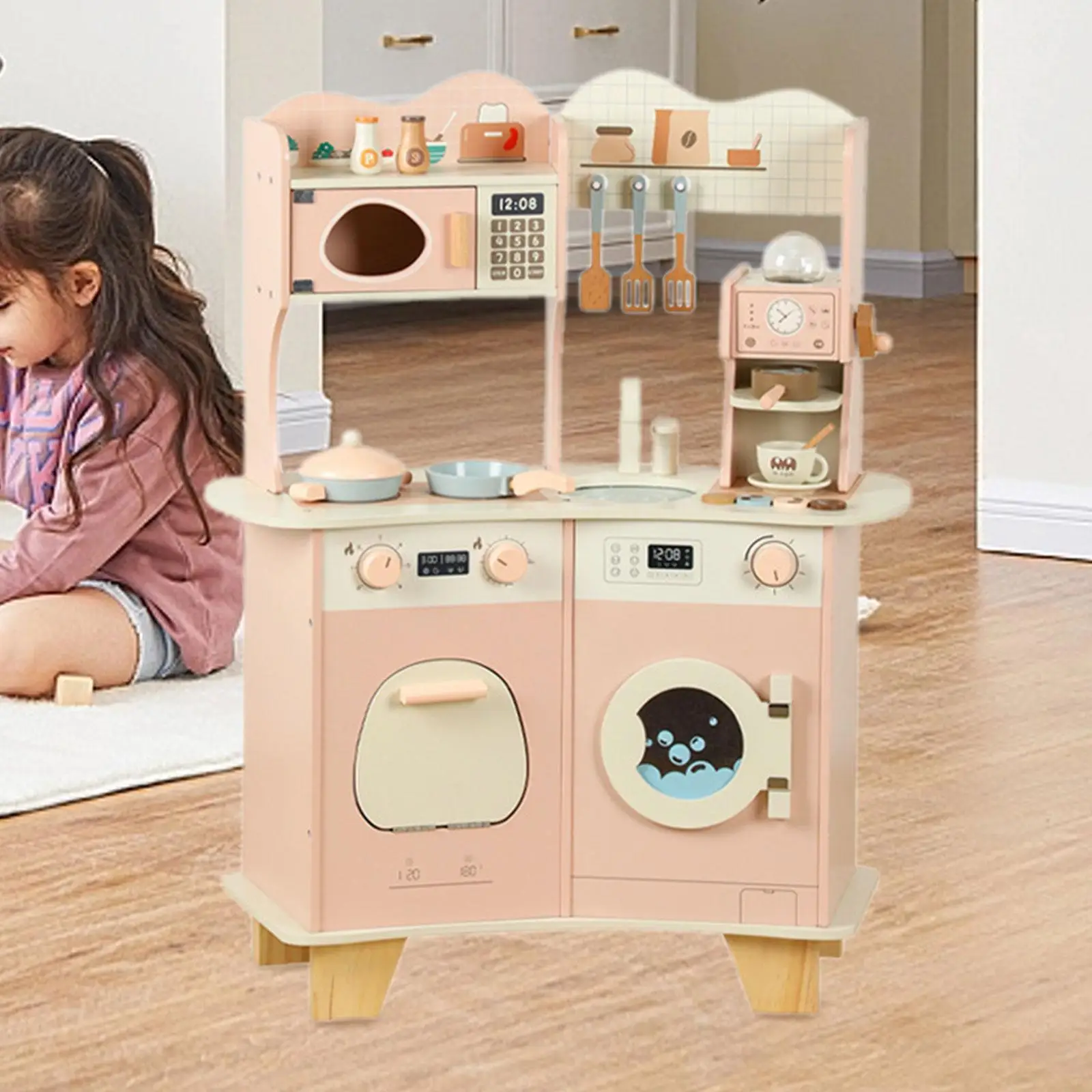 

Kids Play Kitchen Pretend Play Set Educational Toy for Girls Boys with Oven, Microwave, Coffee Machine Kids Toy Cooking Kit