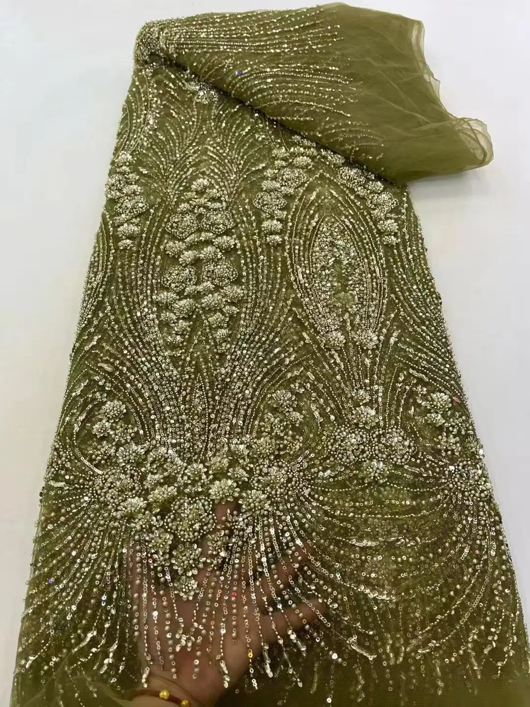 

African Gold Handmade Beaded Lace Fabric Sequins Embroidery Nigerian Wedding Dress Material for Women High Quality Sewing