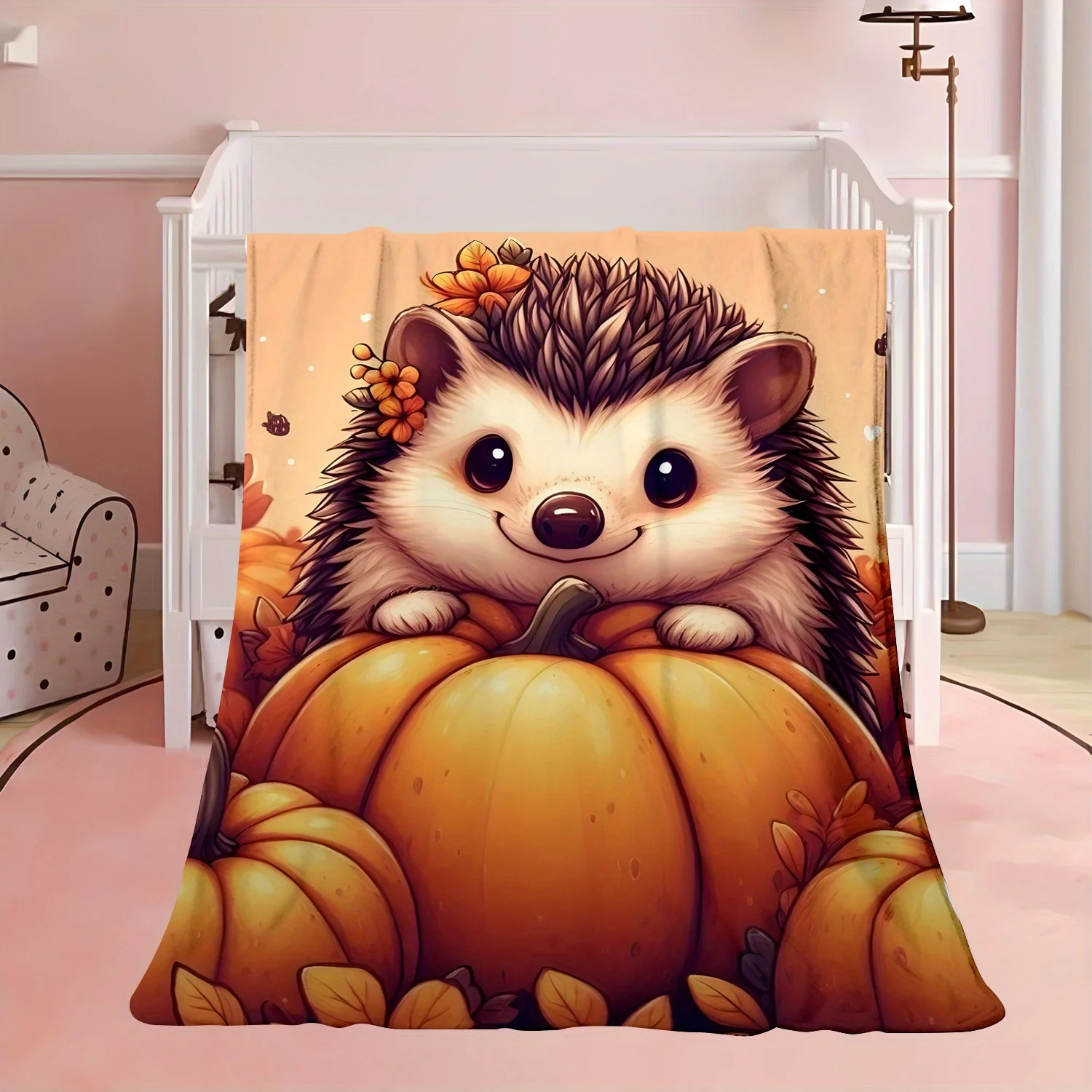 Autumn Hedgehog Pumpkin Fall Throw Blanket Plush Cozy Flannel Bedspread Woodland Animal Decor Gift for Nursery Kids Bedding