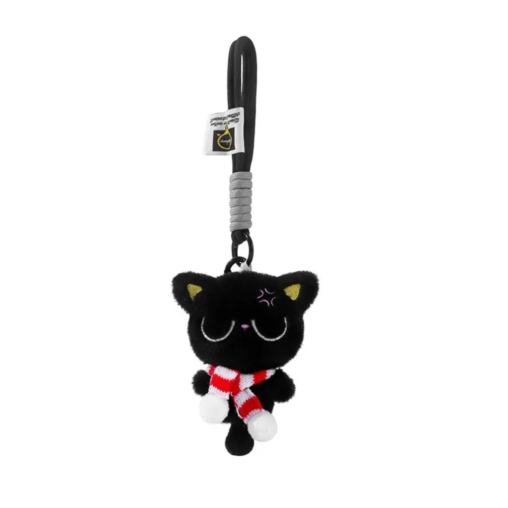 New Sleepy Black Cat Plush Keychain Stripe Scarf Stuffed Doll Bag Pendant Soft Car Key Ring School Bag Decoration