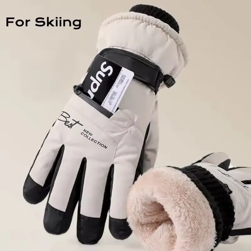 Ski Gloves Women Waterproof Padded Thickened Cotton Winter Touch Screen Warm Windproof Outdoor Riding Motorcycle Sports Men Soft