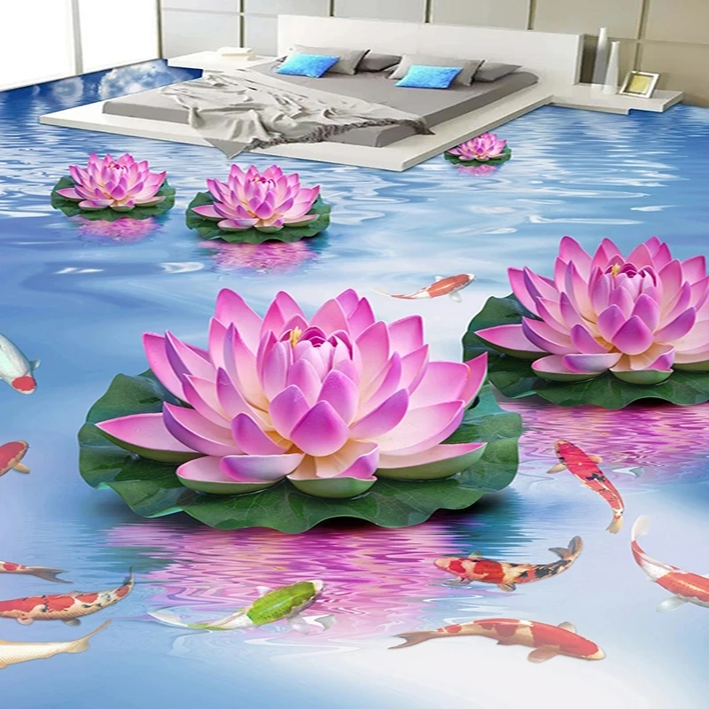 Customized Photo self-adhesive Wallpaper 3D Lotus Carp Floor Tiles Wall Painting Mural Living Room Bathroom bedroom restaurant