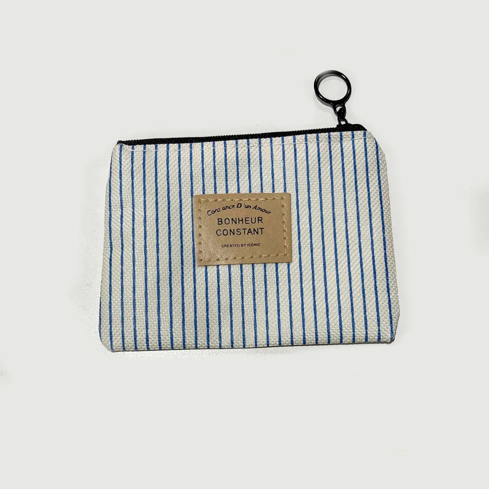 with Key Ring Square Stripe Print Coin Purse Zipper Small Canvas Letter Wallet Case Mini Coin Pouch Change Purse Girls