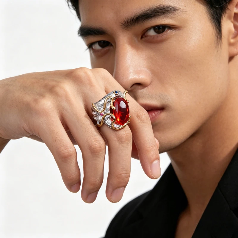 Film Star's Signature Style - Luxurious and Exquisite Snake-shaped Ring - Morgan Ruby Gemstone - Specifically Designed for Men
