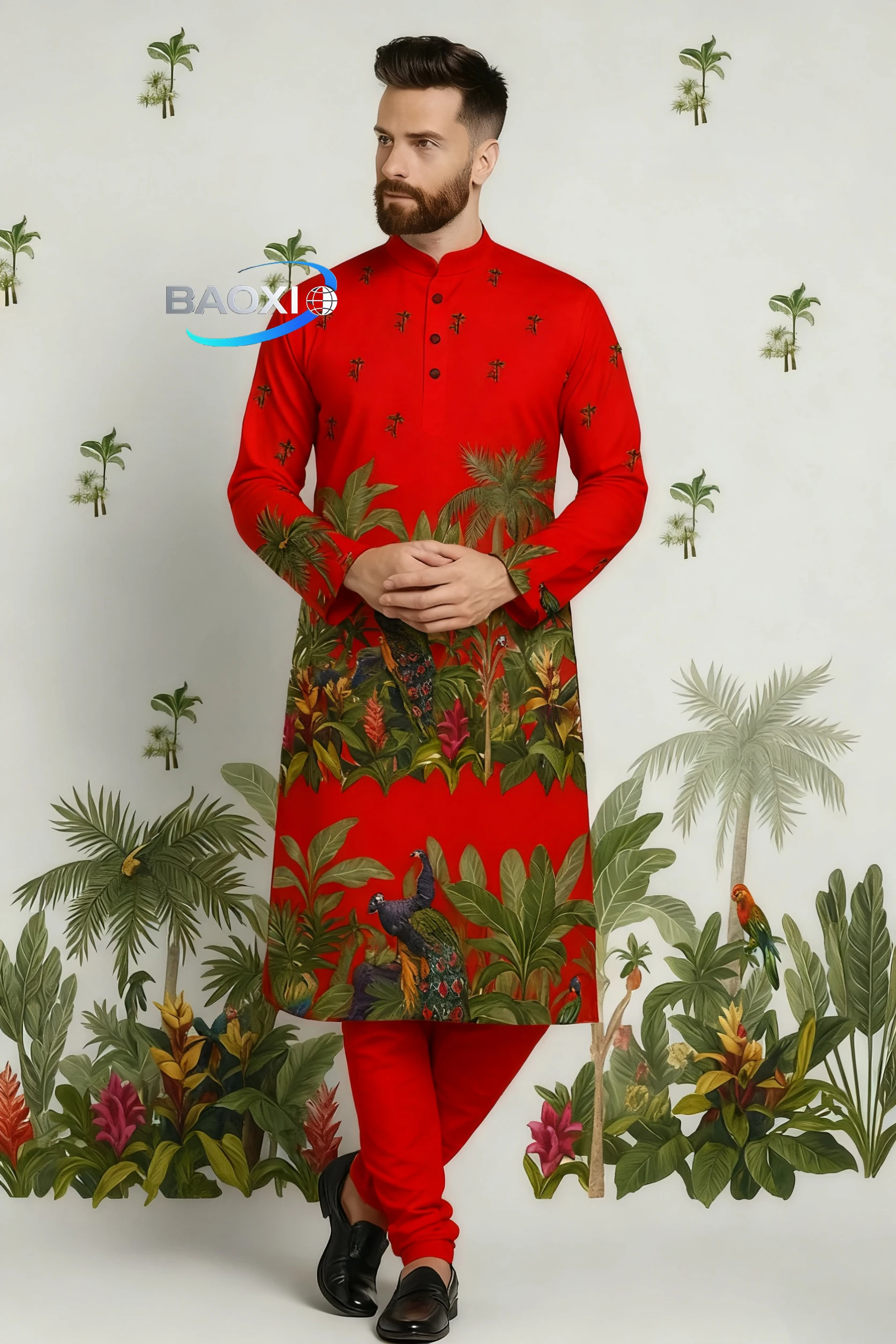 Męska kurta z nadrukiem cyfrowym, krój regularny, kołnierzyk mandaryński, długa, odpowiednia na wszystkie okazje, takie jak wesela, Hari Raya, Aidilfitri.