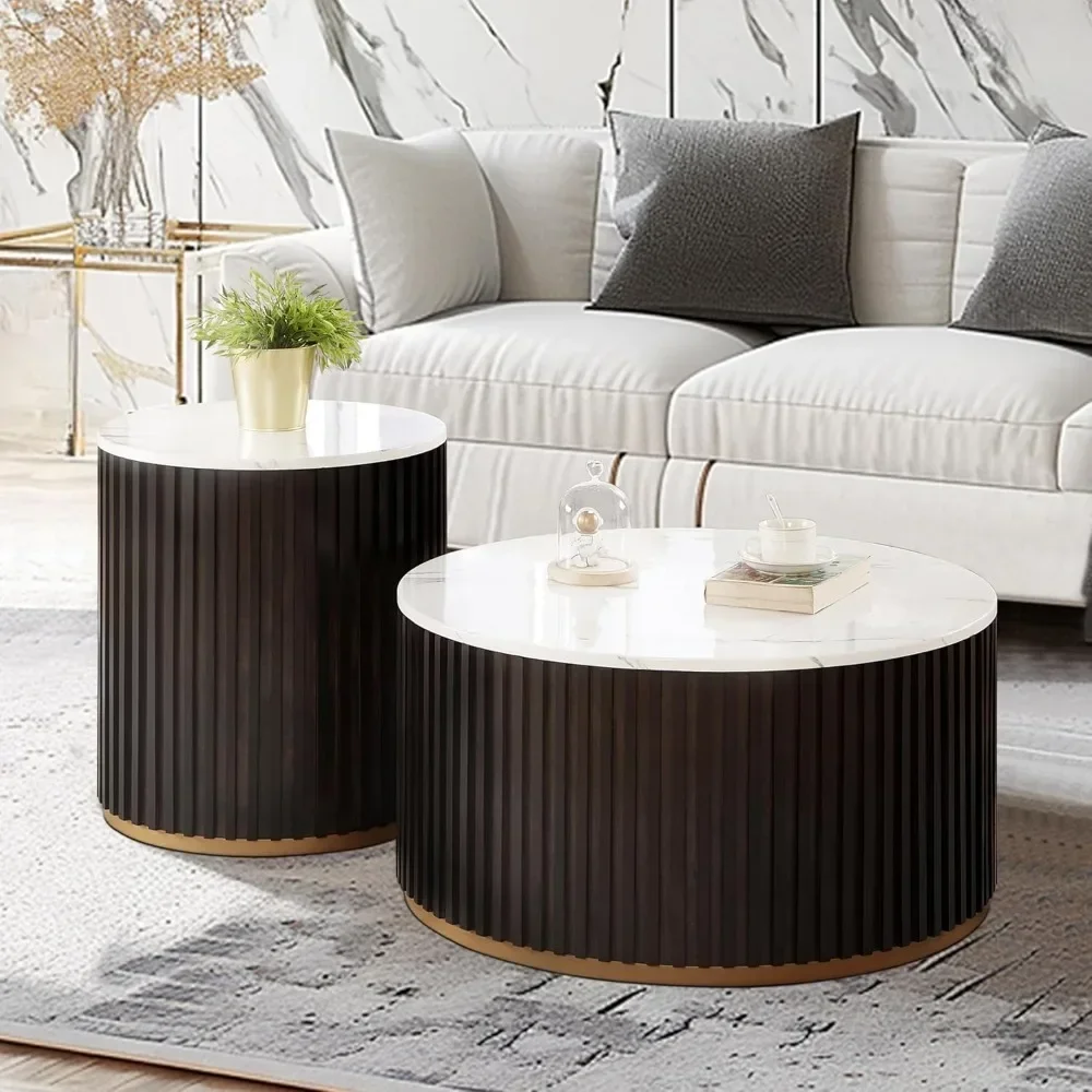 

Round Wood Coffee Table Set of 2 with Marble Lid ＆ Hidden Storage,Handcraft Drum Side Tables Modern Circle Wooden End Table Set