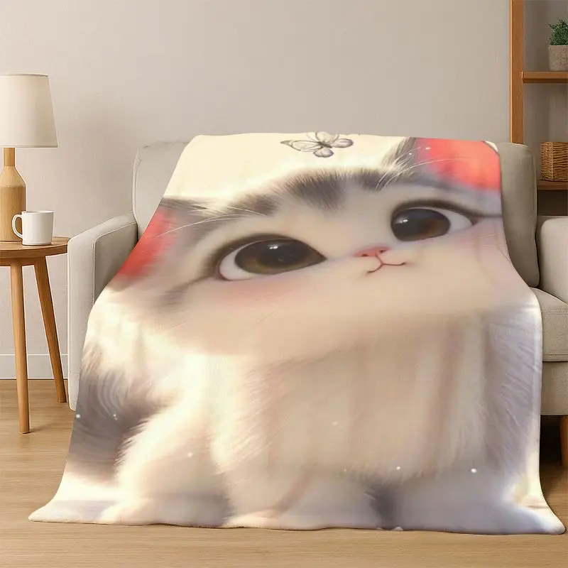Cute Cat Kitten Cartoon Flannel Blanket Soft Warm Blanket Throw Blanket for Bedroom Living Room Bed Travel Camping Picnic Gift