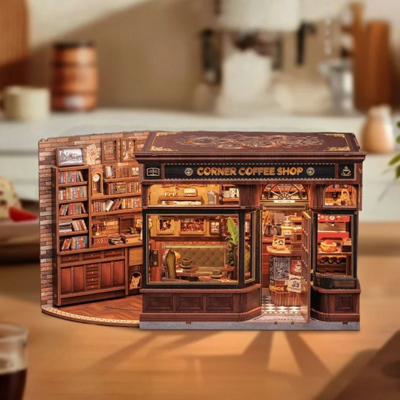 

DIY Handmade Wooden Miniature Scene Model Coffee Shop DIY Assembly Dollhouse Toy Graduation Gift Corner Street House Plaything