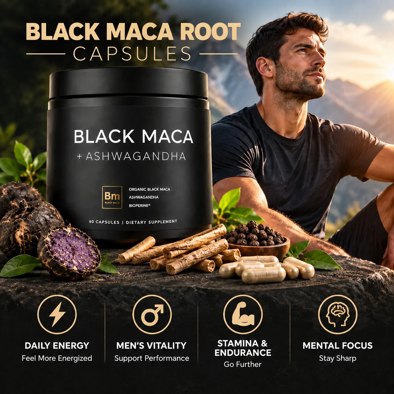 Black Maca Root Capsules,Daily Energy & Men's Vitality with Ashwagandha Root Extract BioPerine Black Pepper 40:1 Extract 60 Ct