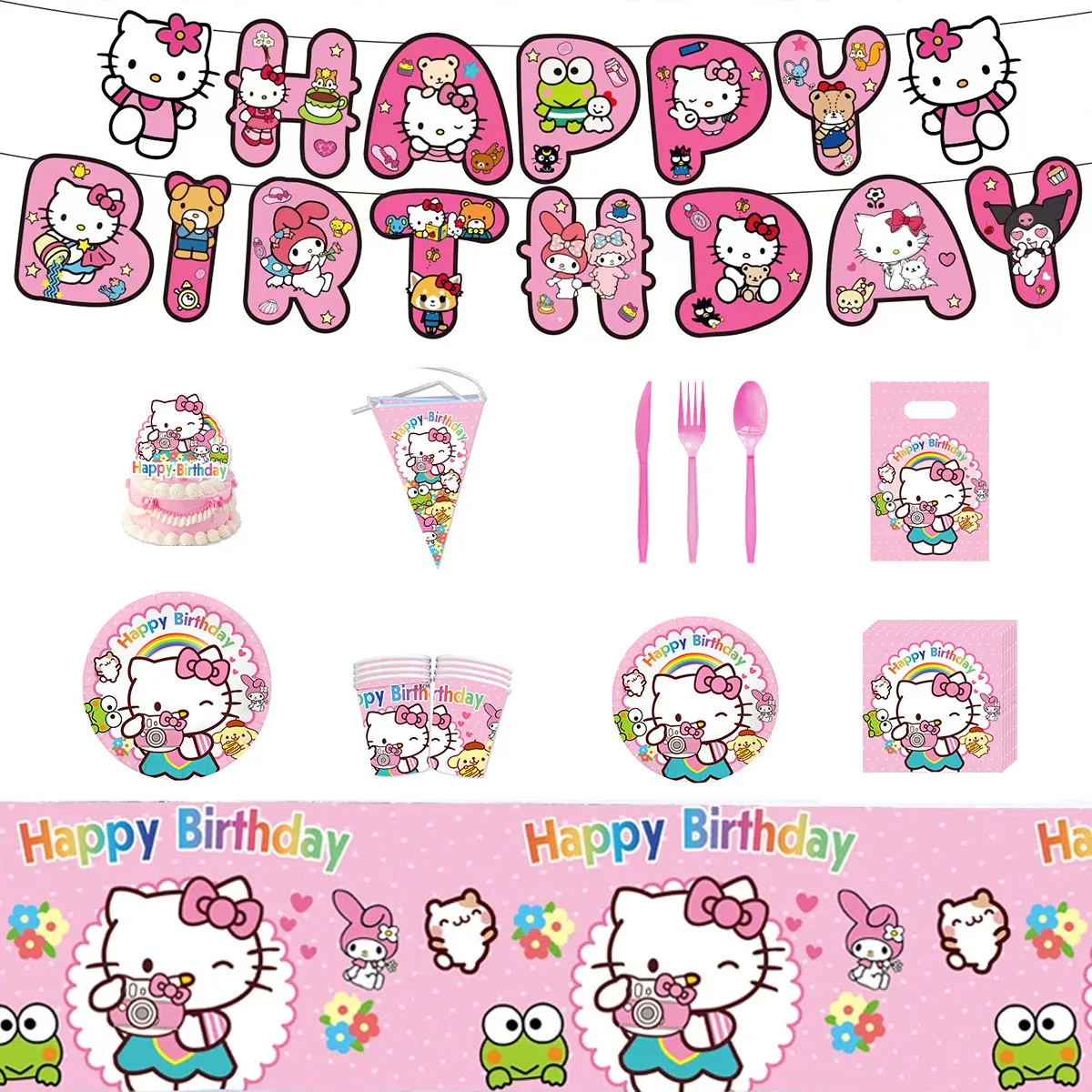 Hello Kitty Theme Girls Birthday Party Children's animation Disposable Tableware Paper Cup Plate  KT  Party Decor Supplies