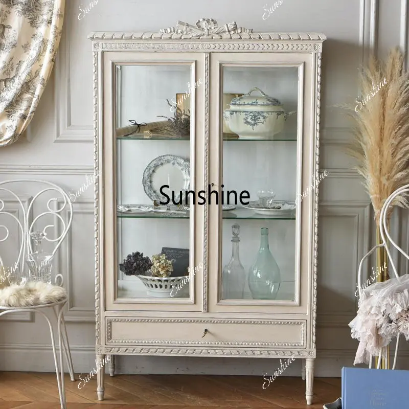 French retro old wine cabinet living room double door display glass door dining side, storage