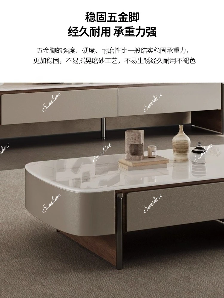 Minimal microcrystalline stone square coffee table TV cabinet combination living room with storage drawer coffee table