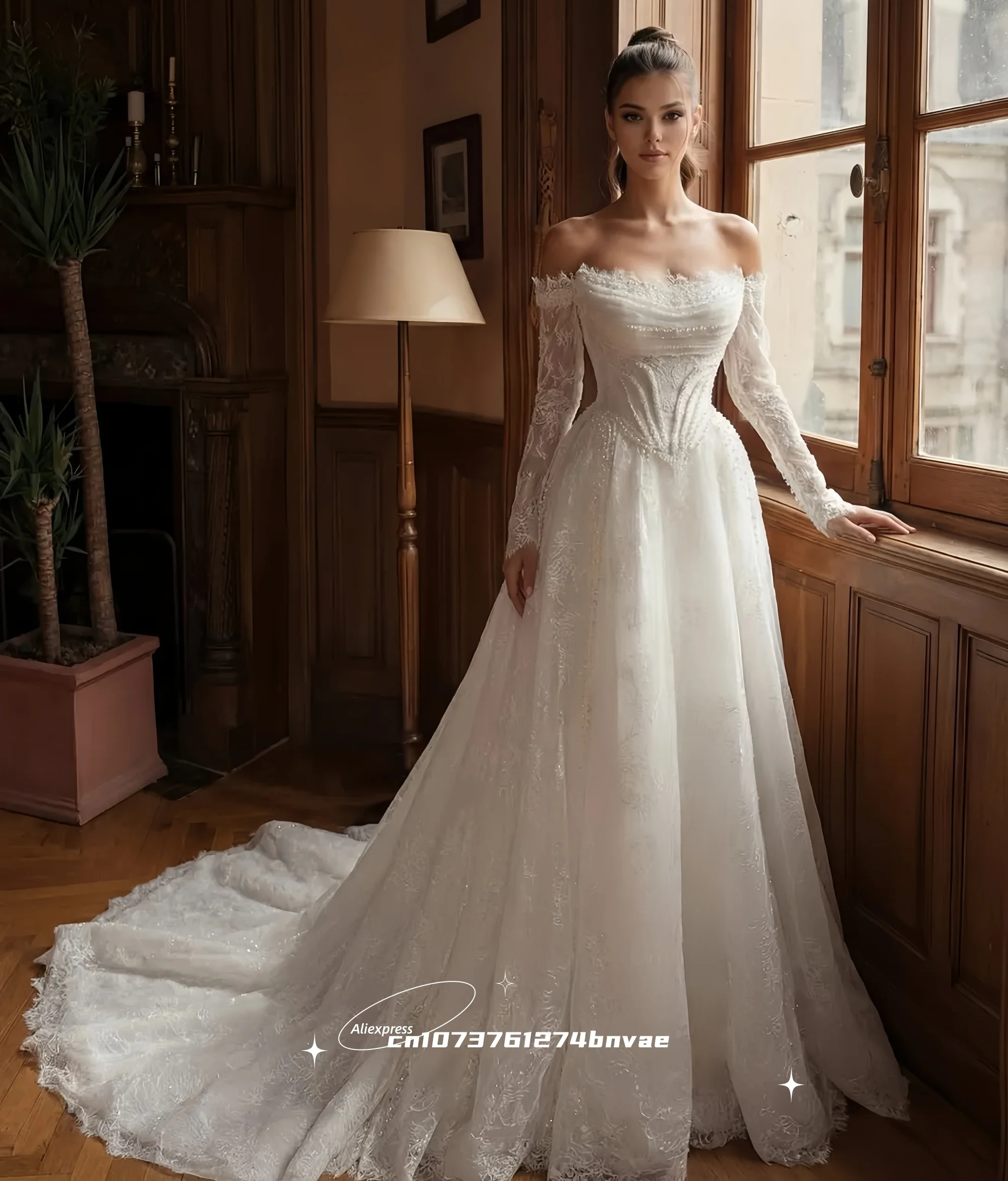 Vintage-Spitzen-Hochzeitskleid mit schulterfreiem Schnitt und langen Ärmeln, Perlen, Perlenbesatz, Korsett, A-Linie, Prinzessinnen-Brautkleid, individuell gestaltet