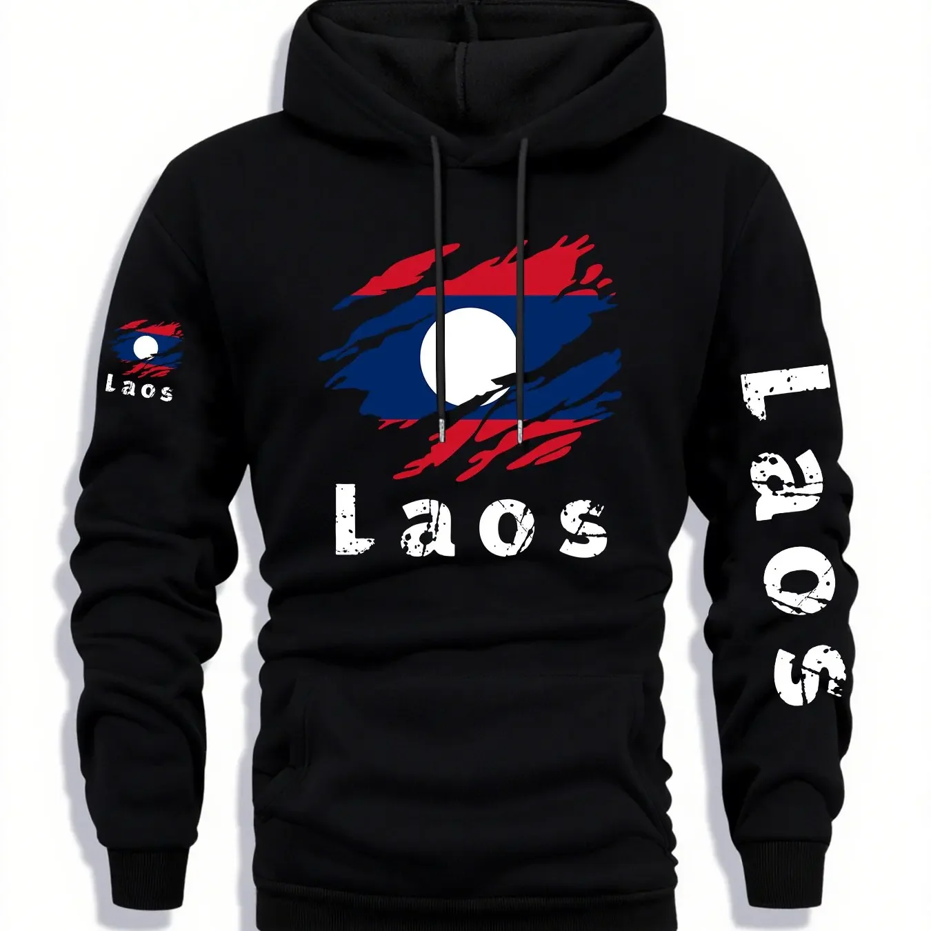 Men's Laos Flag Print Hooded Sweatshirt - Winter Warm Pullover Sweater with National Flag Design