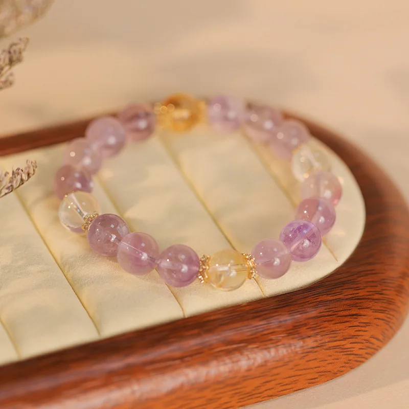 

Original Natural Yellow Citrine Lavender Amethyst Bracelet for Women, Niche Design with a Sense of Sophistication, Beaded White
