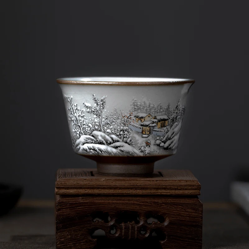 Jingdezhen Ceramic Ru Ware Natural Crack Handmade Master Cup Single Cup Snow Scene Personal Kung Fu Tea Cup Hand Painted Master