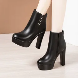 13cm Small Size 32-43 Elegant Thick Platform Shoes Women Boots Winter 2025 Block High Heels Warm Fur Ankle Boots Office Model