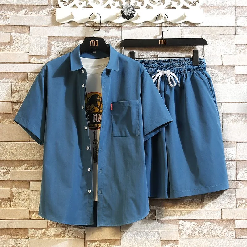 Summer  Fashionable Solid Color Sports Fitness Short Sleeve Shirt Set for Men Loose Comfortable Breathable Large Two Piece Se