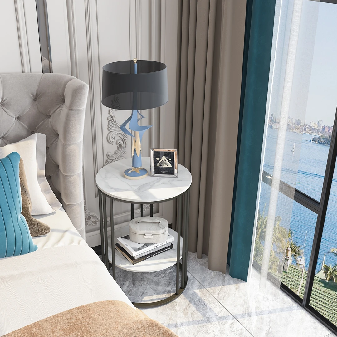 Modern Round Tier Storage Side Table with Sintered Stone Tabletop & Gold Metal Frame - Versatile End Table for Living Room