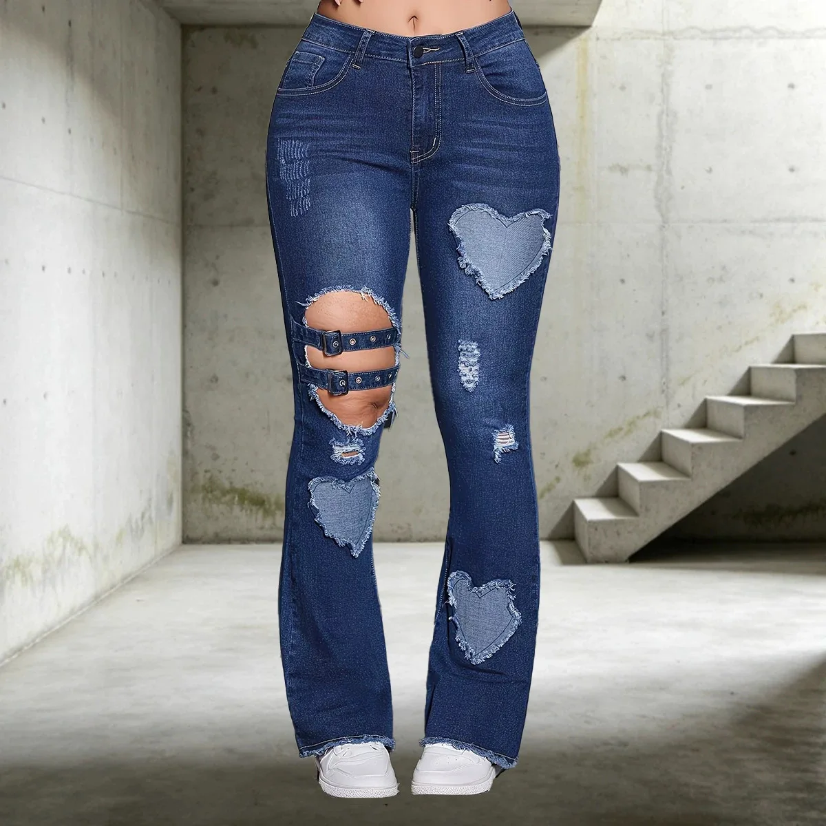 Bootcut Jeans Women Denim Pant Distressed Vintage Washed Slim Fit Mid Waist Hollow Out Hole Trousers Y2k Streetwear Patchwork