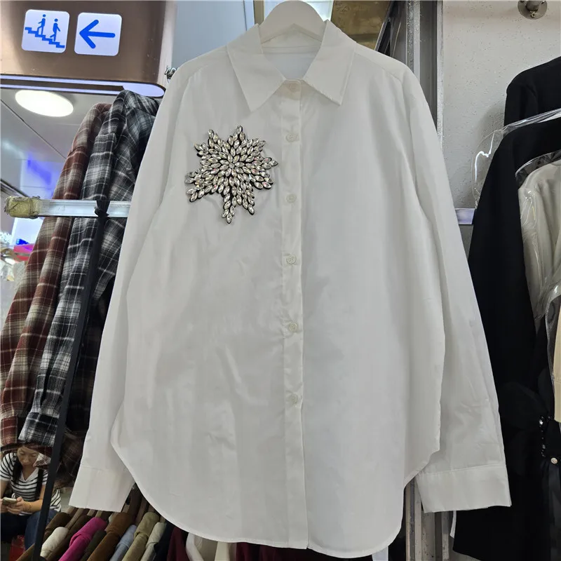 HKSH Spring Autumn New Women Shirt Heavy Craft Studded Diamonds Turn-down Collar Long Sleeve Elegant Tide Top Ins Blouse HK13283
