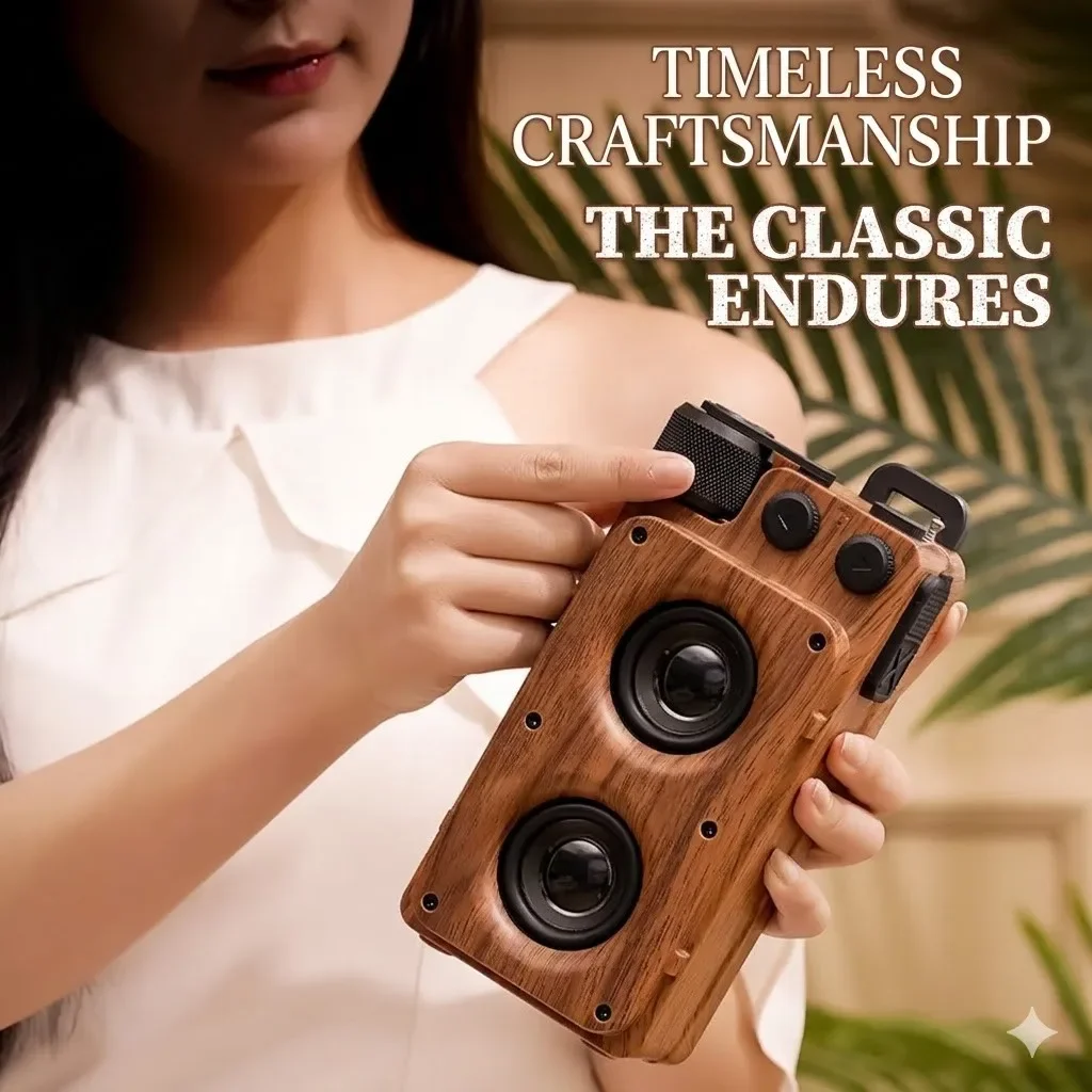 Hichomeow 2026 Wood Grain Bluetooth Speaker Portable Wireless HiFi Stereo Bass for Home Cafe Outdoor with FM Radio TF USB AUX