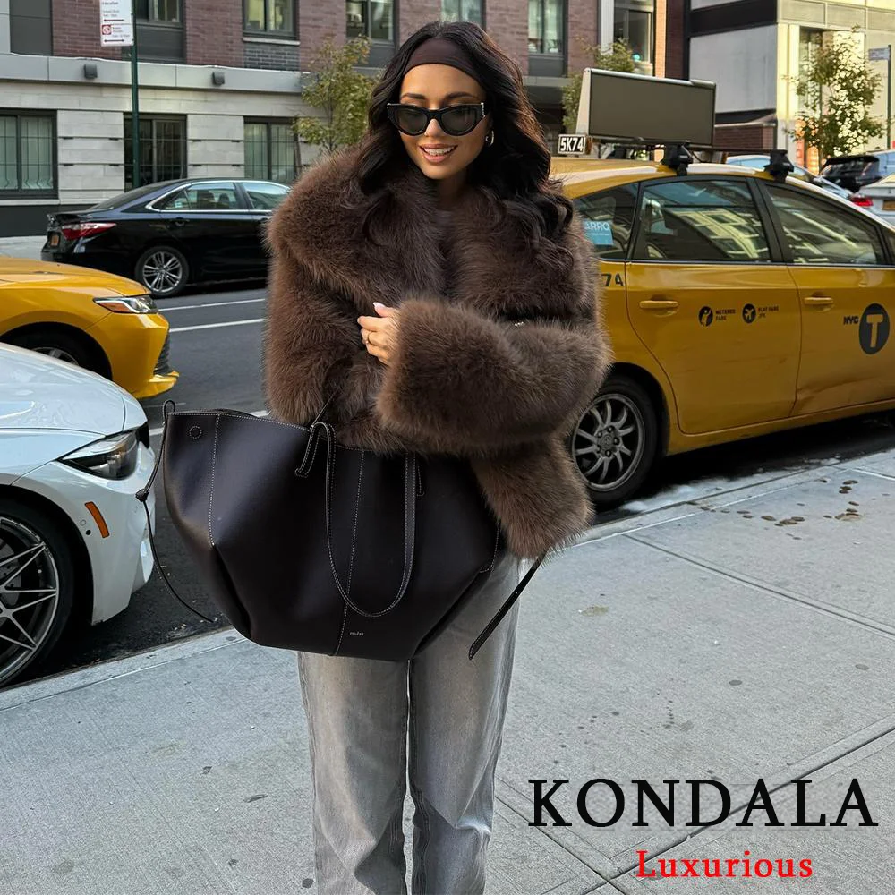 KONDALA سترات نسائية من الفرو السميك باللون البني غير رسمية بأكمام طويلة ورقبة على شكل V للخريف والشتاء معاطف من الفرو الصناعي موضة 2025 ملابس خارجية