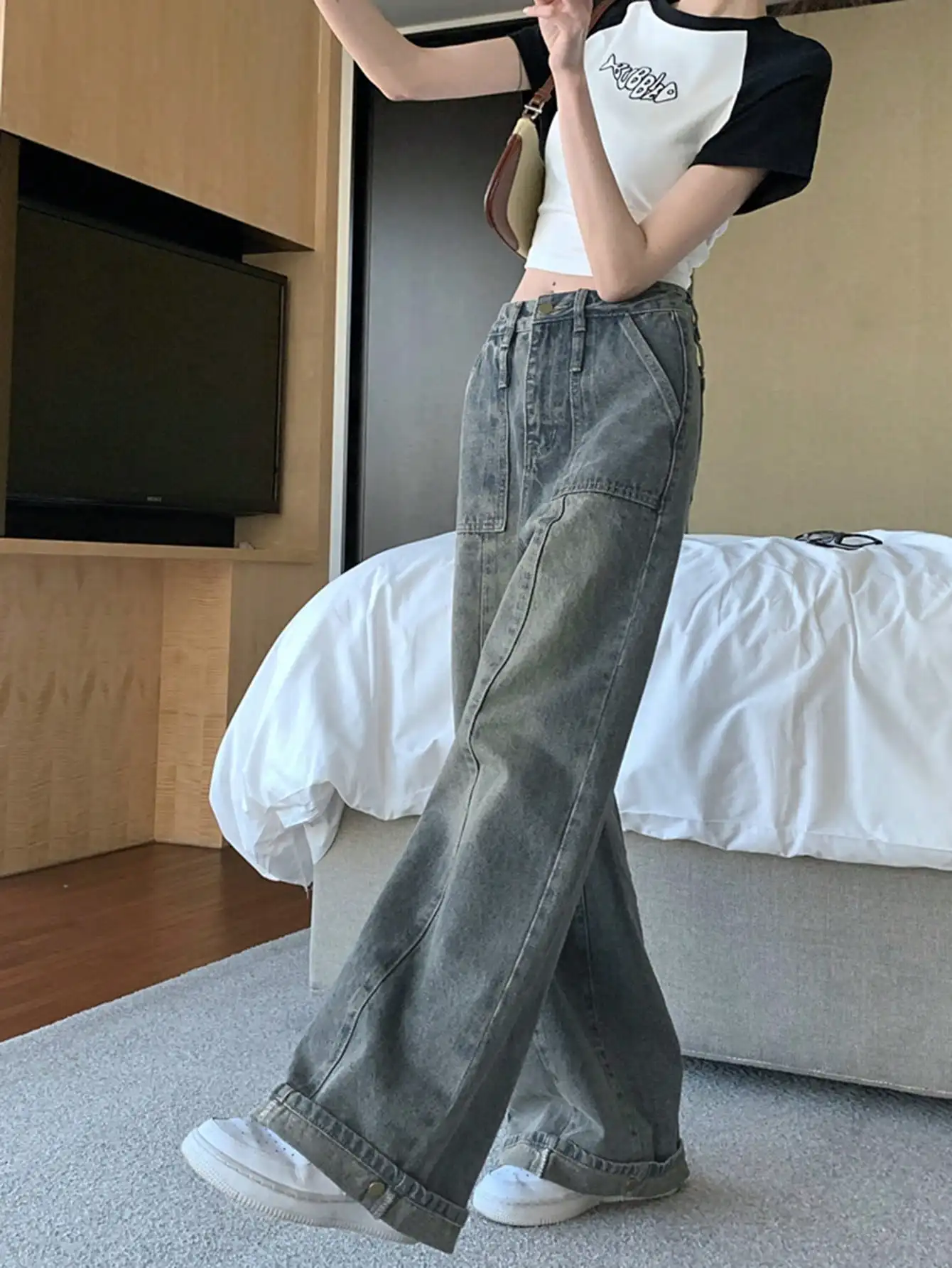 Korean Chic Autum Retro Washed Distressed Straight Wide-Leg Pants for Small People High-Waisted Loose Work Jeans for Women