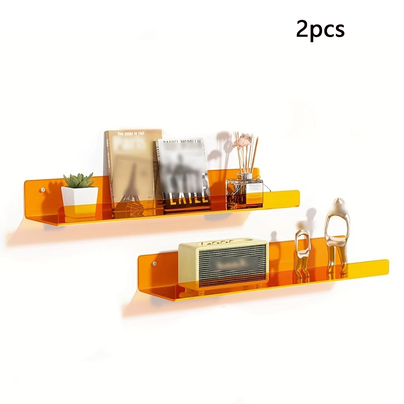 Acrylic Wall Shelves -2-piece Set - Sturdy and Vibrant Floating Bookshelf - Transparent Acrylic Shelves for Wall Display, Storag