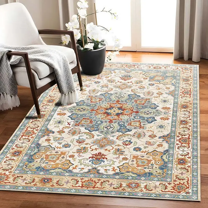 VIKAMA Persian Style Area Rug, Vintage Floral Geometric Living Room Carpet, Blue Red Orange Oriental Design Floor Mat
